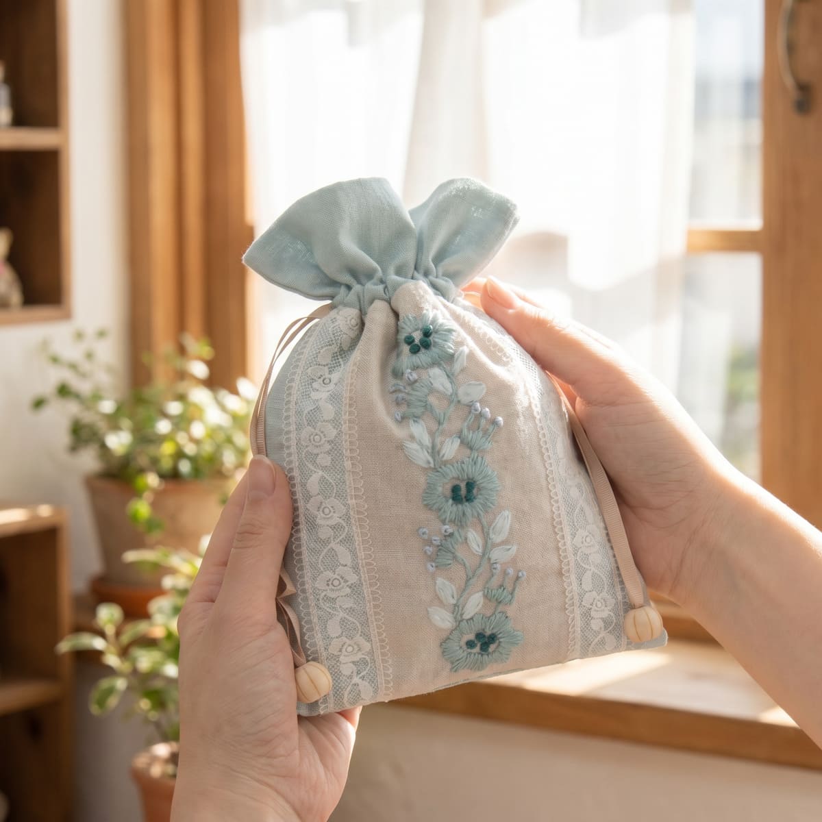 巾着L フローラル刺繍 約17×22cm [Atelier Bloom]｜インテリアレース