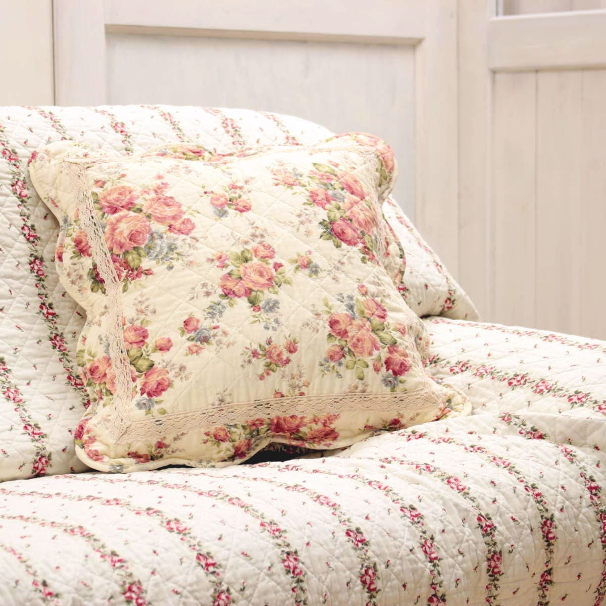 コットンキルト クッションカバー 約45×45cm [Rose Mellow