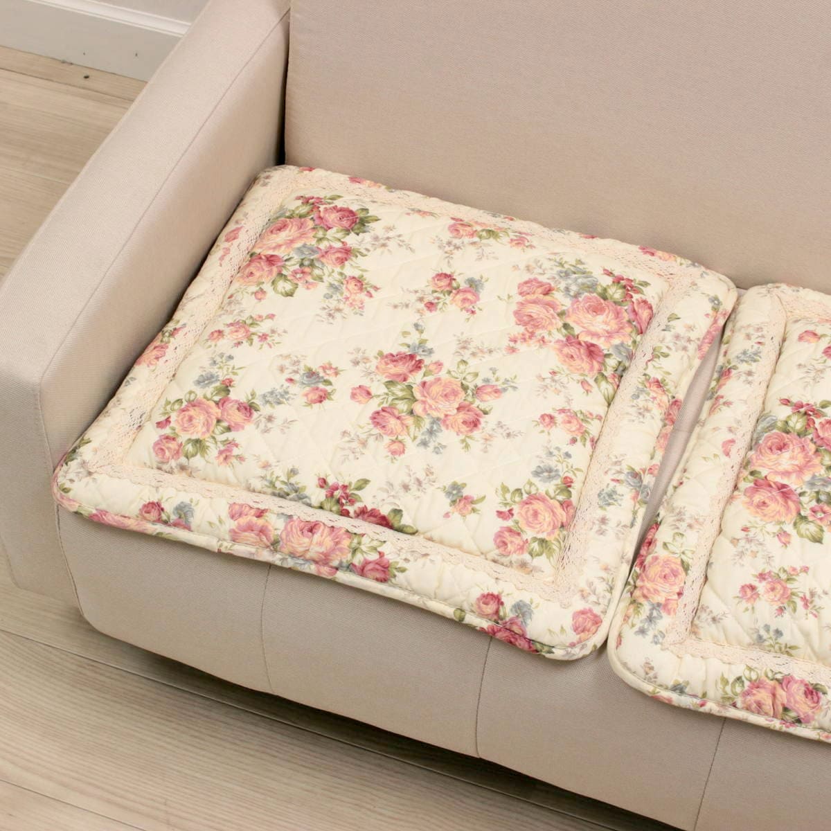 プリントコットンキルトのシートクッション アミブルージュ,懐かしい,ローズ柄,シートクッション,50×50