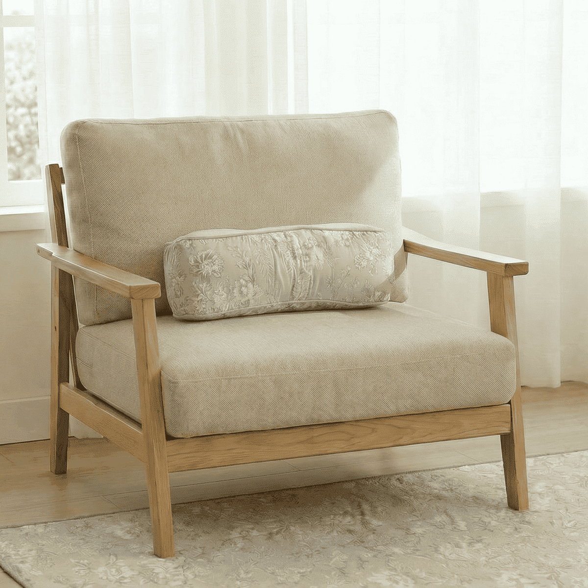 ラタン製ビンテージ椅子 キルトクッション、カバー付き 腰当クッション コットンキルト 約12×43cm [Jardin d'Argent