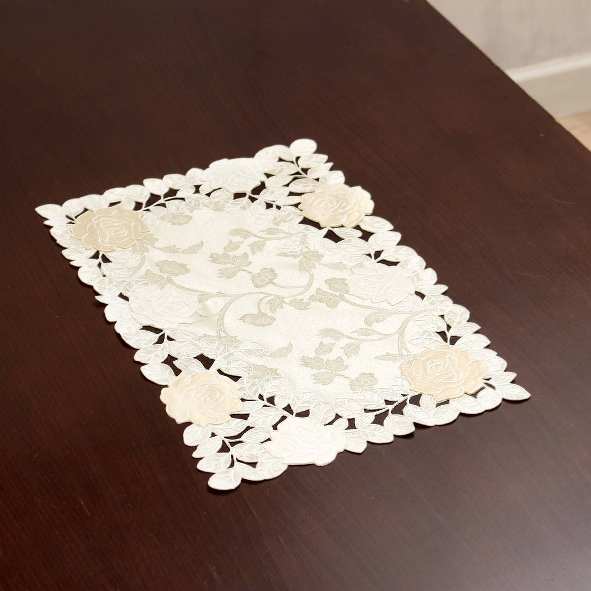 テーブルセンター バラ柄コード刺繍 約30×45cm [Rosa Fil]｜インテリア