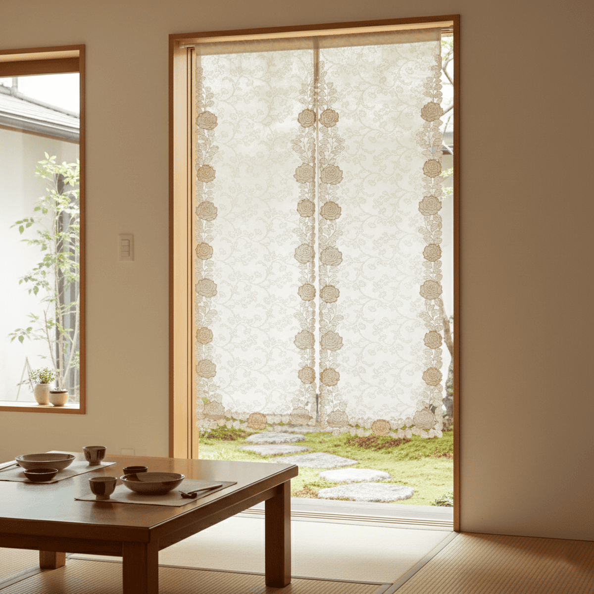 のれん バラ柄コード刺繍 約85×150cm [Rosa Fil]｜インテリアレース