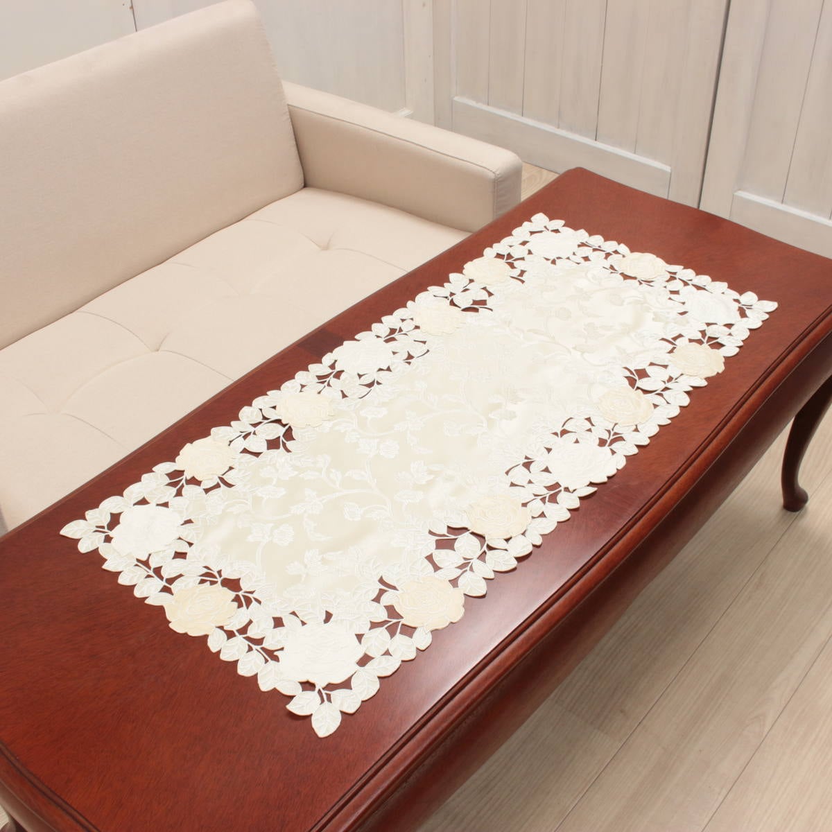 テーブルセンター バラ柄コード刺繍 約40×90cm [Rosa Fil]｜インテリア