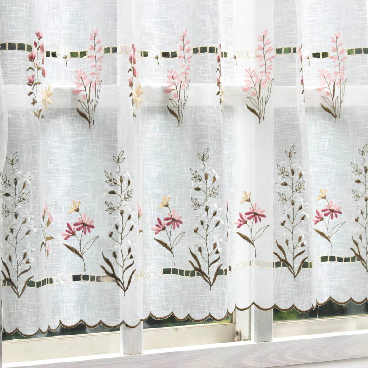 フラワー刺繍 カフェカーテン 約130×60cm [Florish] / アミブルージュ