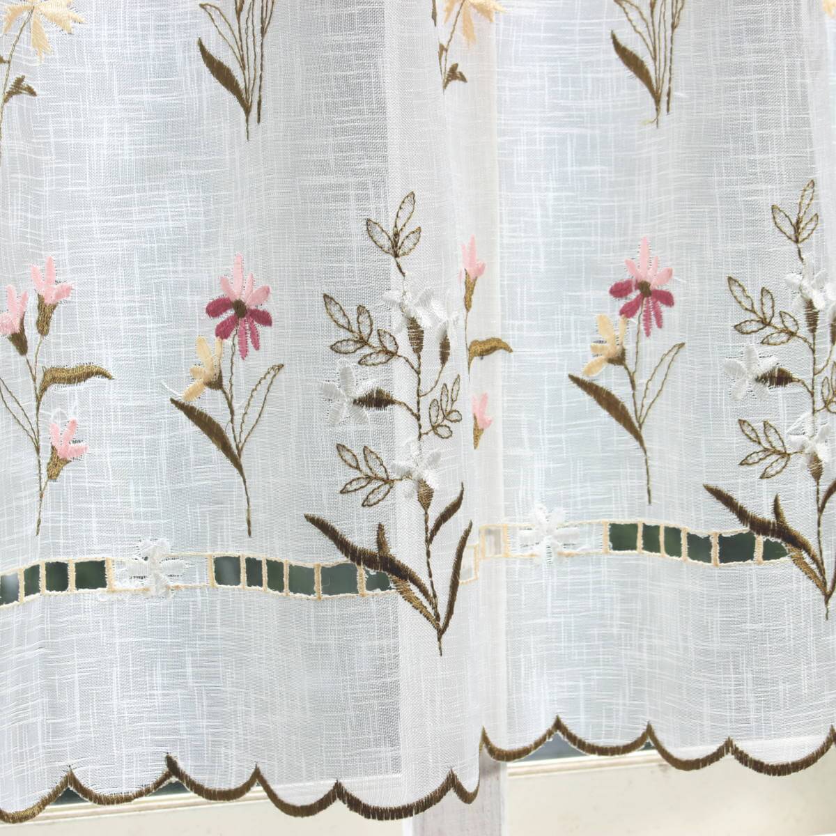 フラワー刺繍 カフェカーテン 約130×60cm [Florish]