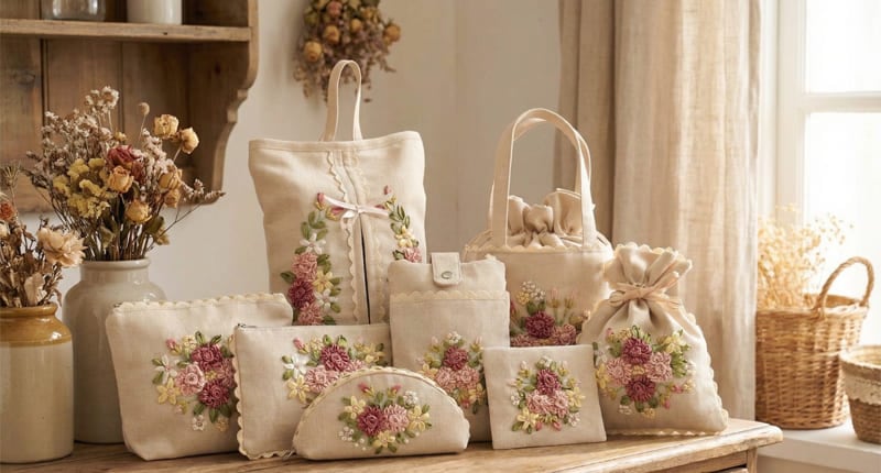 優雅なローズブーケ柄の刺繍小物シリーズ,ロゼ・リュバン