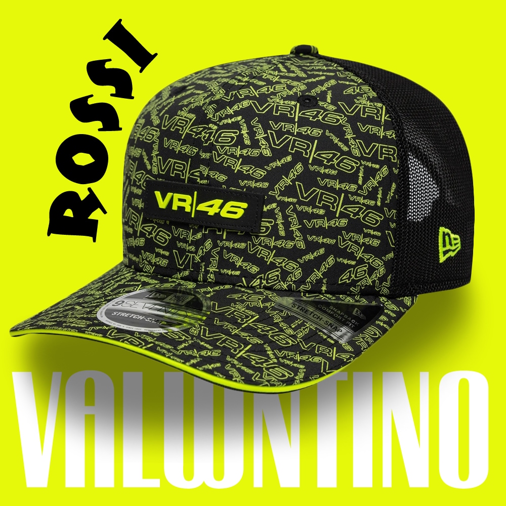 VR46 バレンティーノ ロッシ New Era 9SEVENTY AOP トラッカー キャップ ブラック イエロー