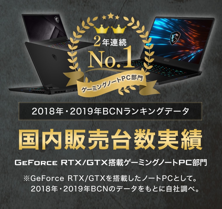 2018年・2019年BCNランキングデータ 国内販売台数実績 GeForce RTX搭載ゲーミングノートPC部門