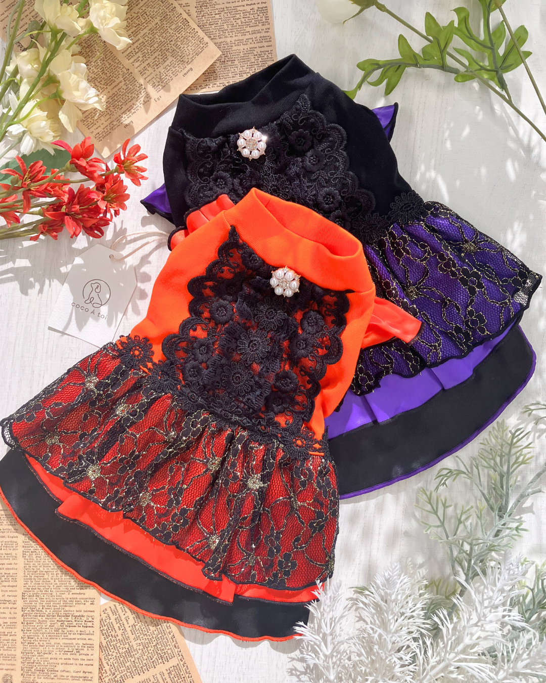 ブラックレースパーティドレス ｜ パープル オレンジ 犬服 ドッグ