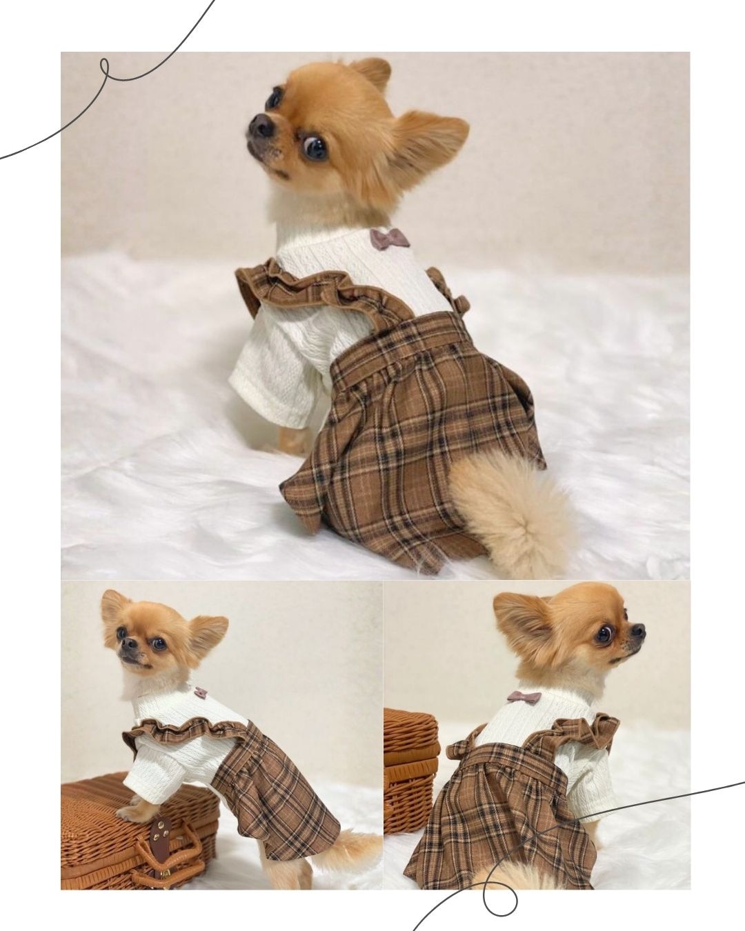 ケーブル風ジャージチェックワンピース ｜ ブラウン チェック柄 犬服