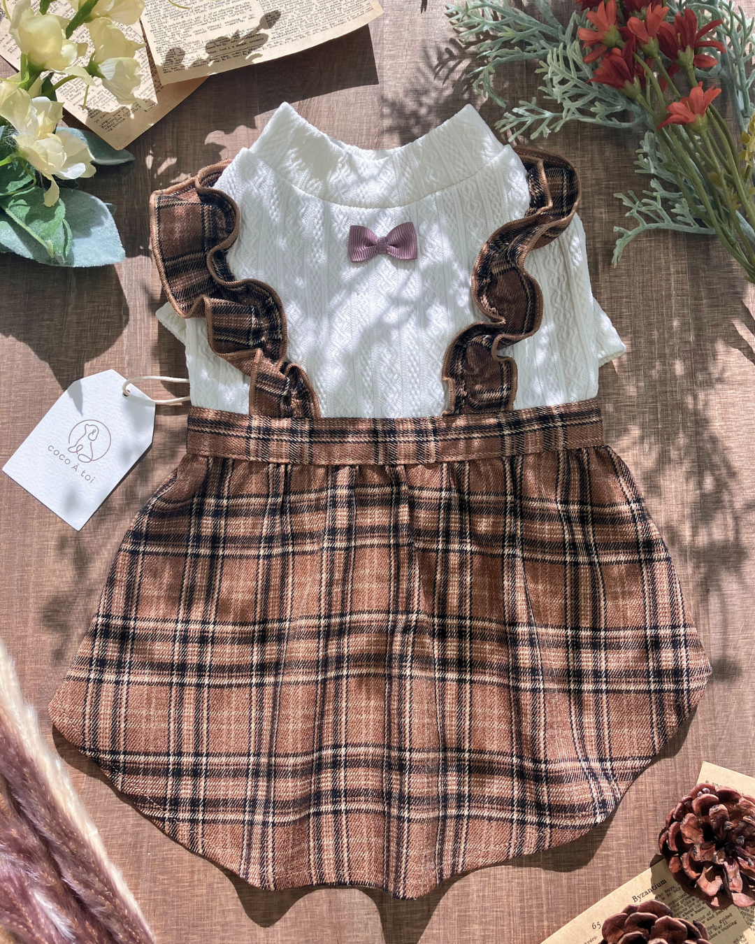 ケーブル風ジャージチェックワンピース ｜ ブラウン チェック柄 犬服