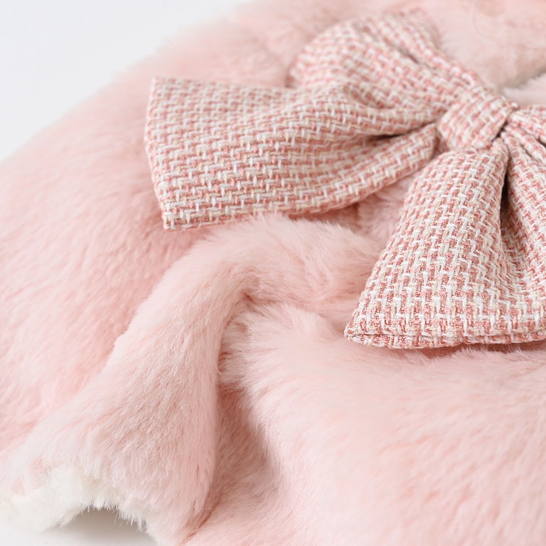 ツイード調リボン付ファーコート ピンク