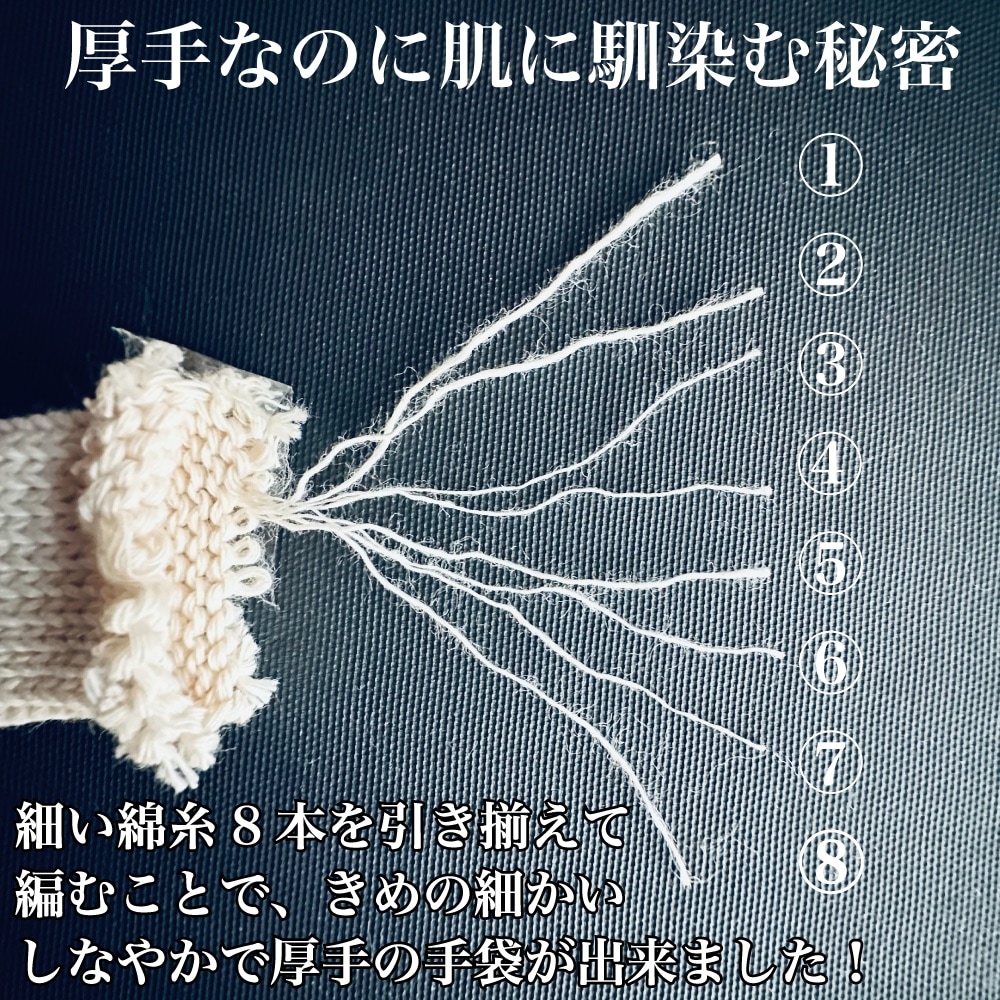 漁師の手袋の秘密は細番手の綿糸を８本も撚り合わせて編地を作っているから