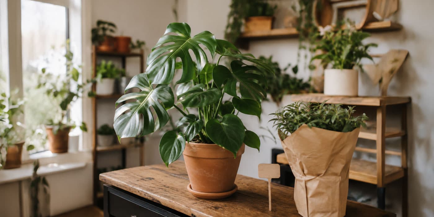 テラコッタ鉢に植えたモンステラと、ラッピングされたギフト用の観葉植物