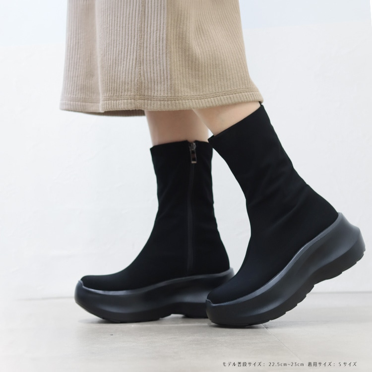 ショートブーツ 軽量 ストレッチ 厚底 ヒール7cm プラットフォーム