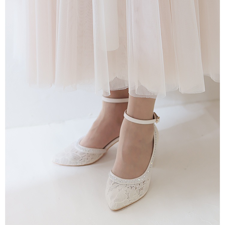 パンプス チュール レース 6cmヒール 太ヒール アーモンドトゥ