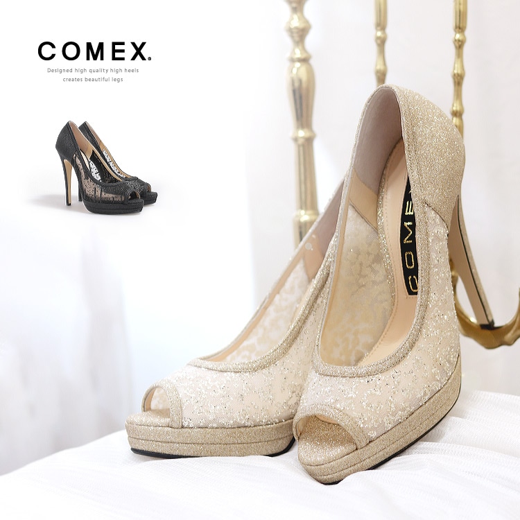 COMEX パンプス ラメ チュール ハイヒール 本革 日本製 オープントゥ