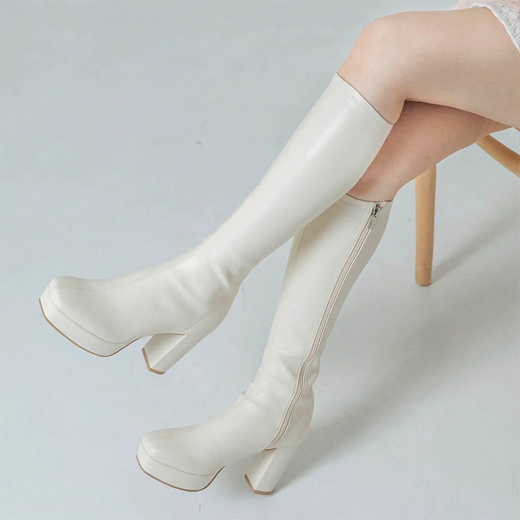 ロングブーツ 厚底ブーツ スクエアトゥ ハイヒール ヒール9cm チャン