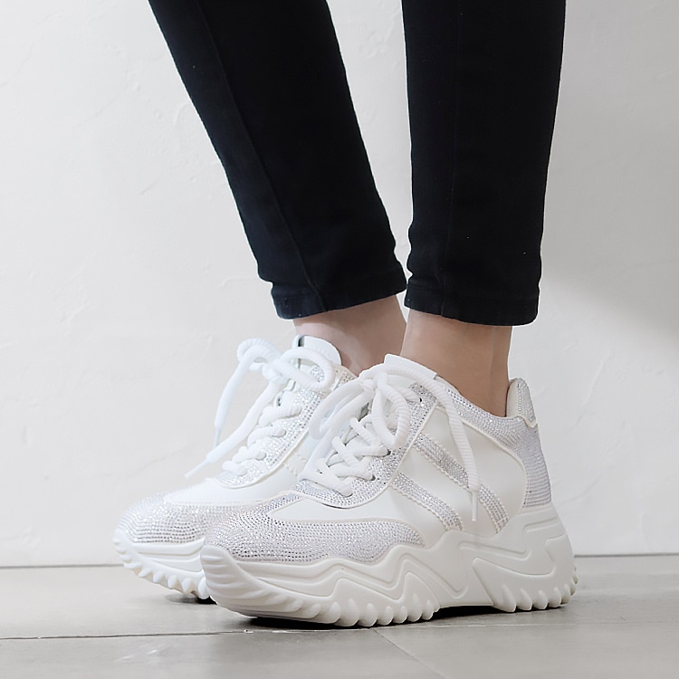 スニーカー キラキラ ラインストーン 撥水 レザー ヒール6cm レース