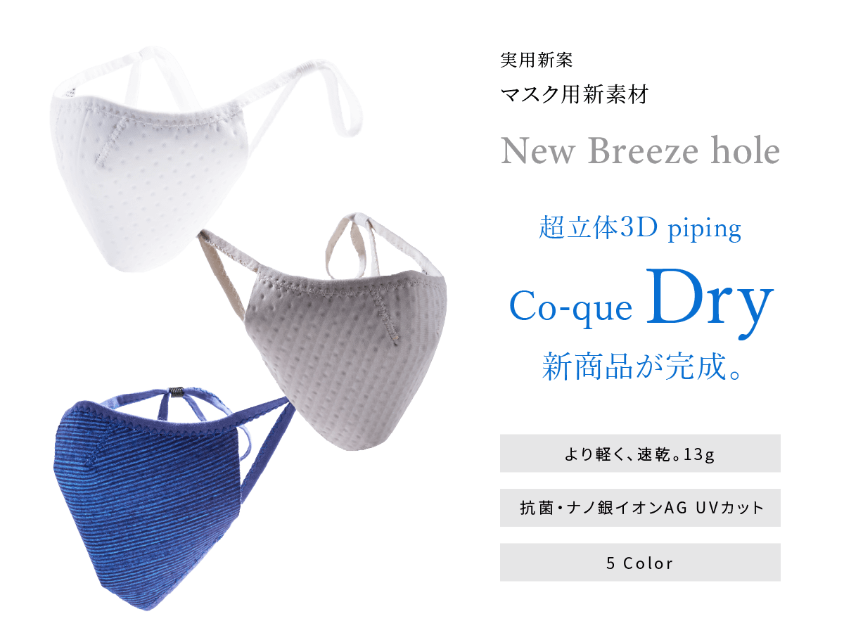 実用新案 マスク用新素材 新Breeze Hole Co-que Dry 新商品が完成。