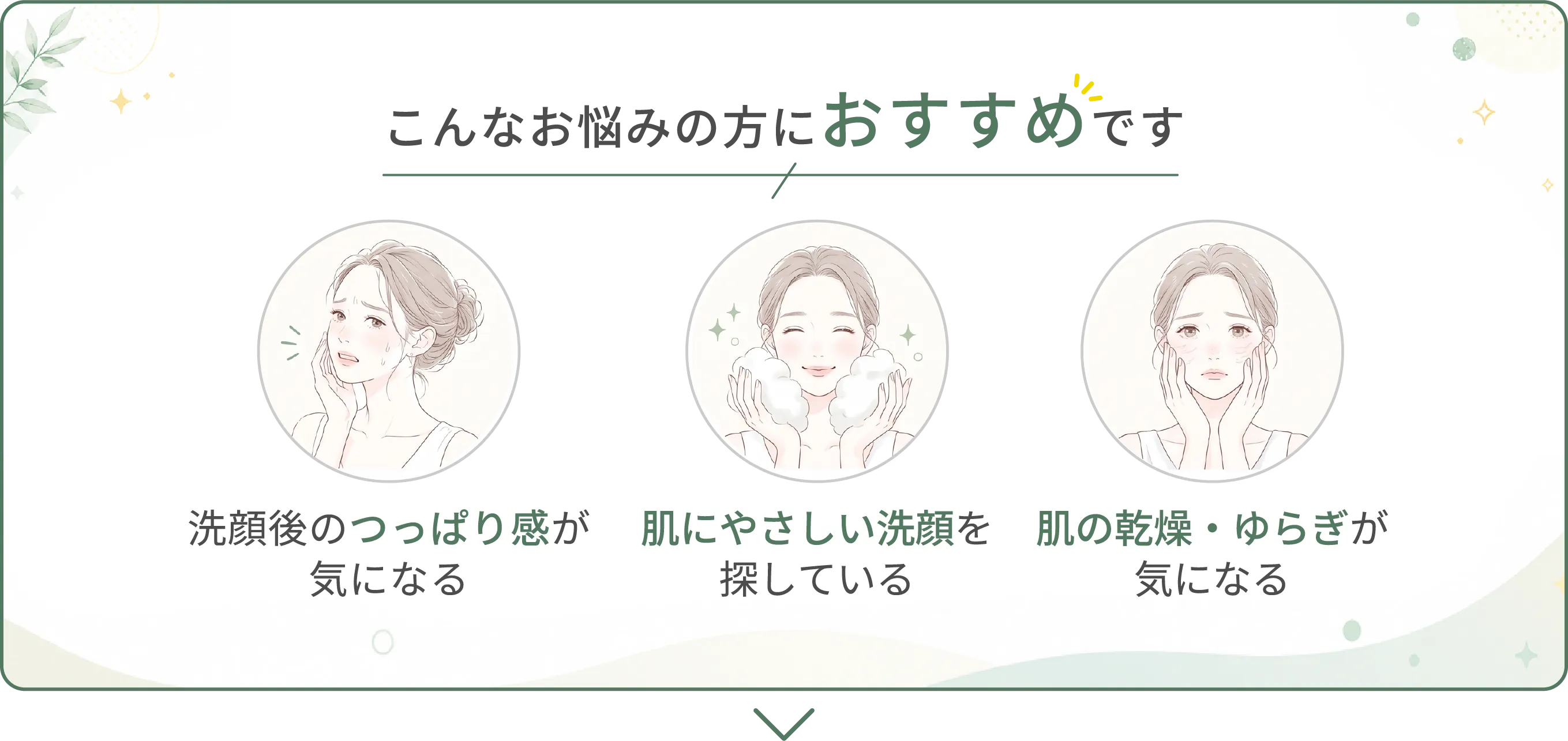 こんなお悩みの方におすすめです | 洗顔後のつっぱり感が気になる|肌に優しい洗顔を探している|肌の乾燥・揺らぎが気になる