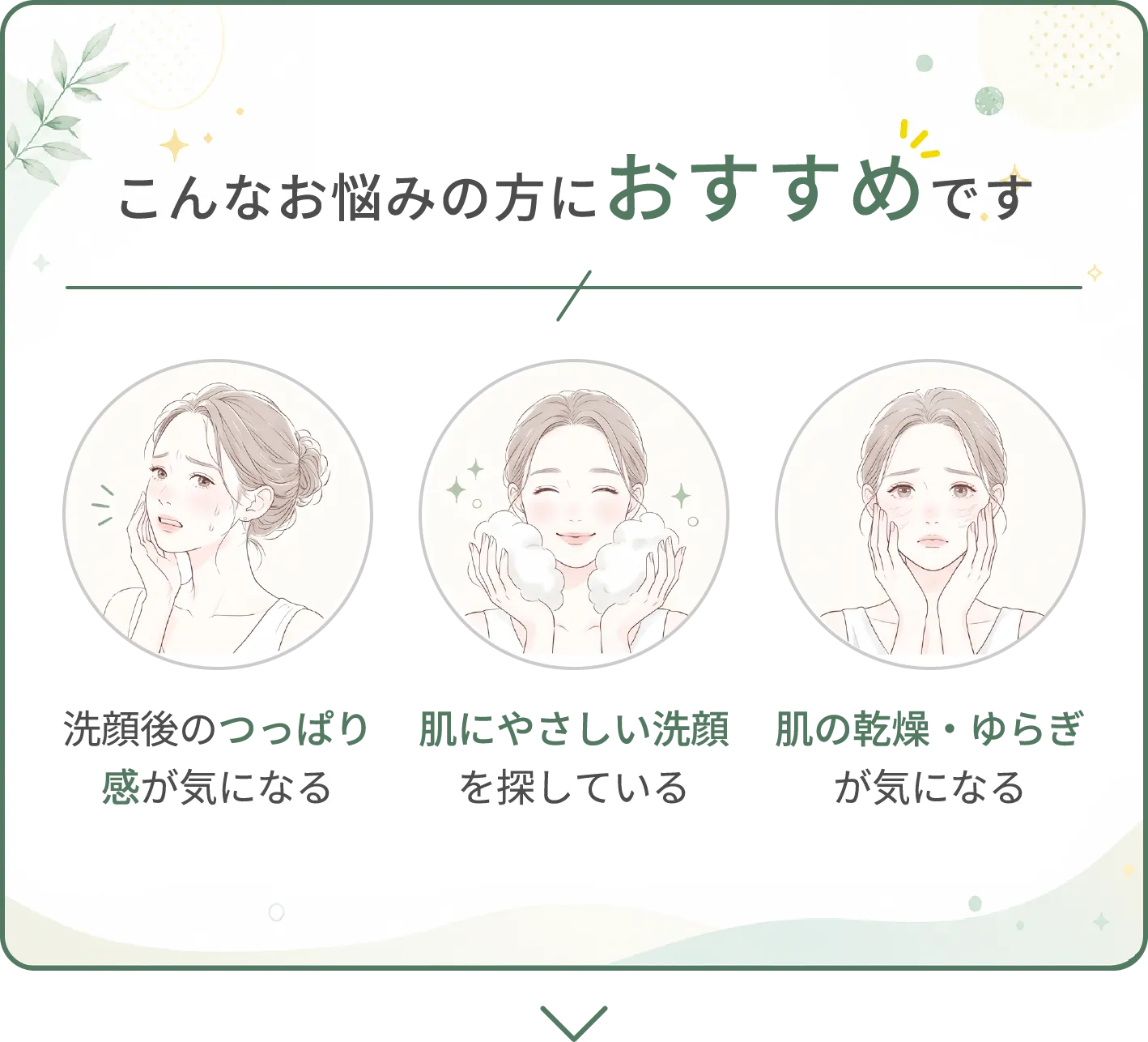 こんなお悩みの方におすすめです | 洗顔後のつっぱり感が気になる|肌に優しい洗顔を探している|肌の乾燥・揺らぎが気になる