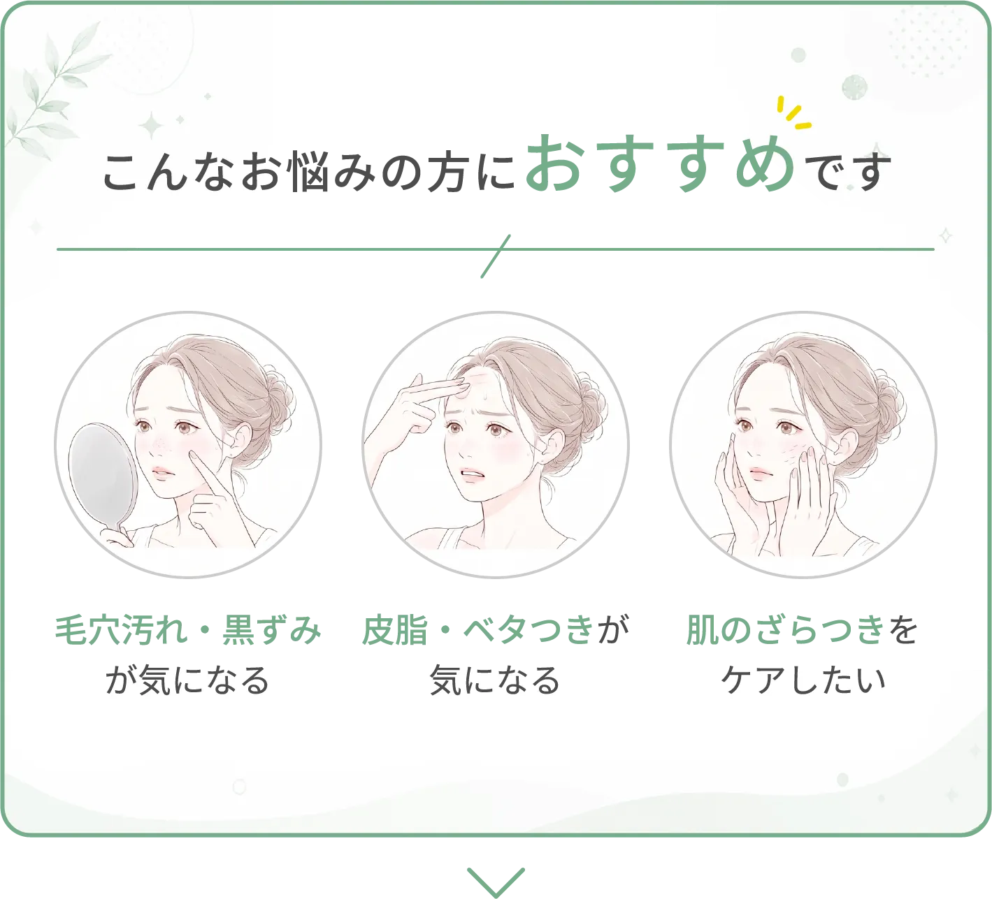 こんなお悩みの方におすすめです | 毛穴汚れ・黒ずみが気になる|皮脂・ベタつきが気になる|肌のざらつきをケアしたい