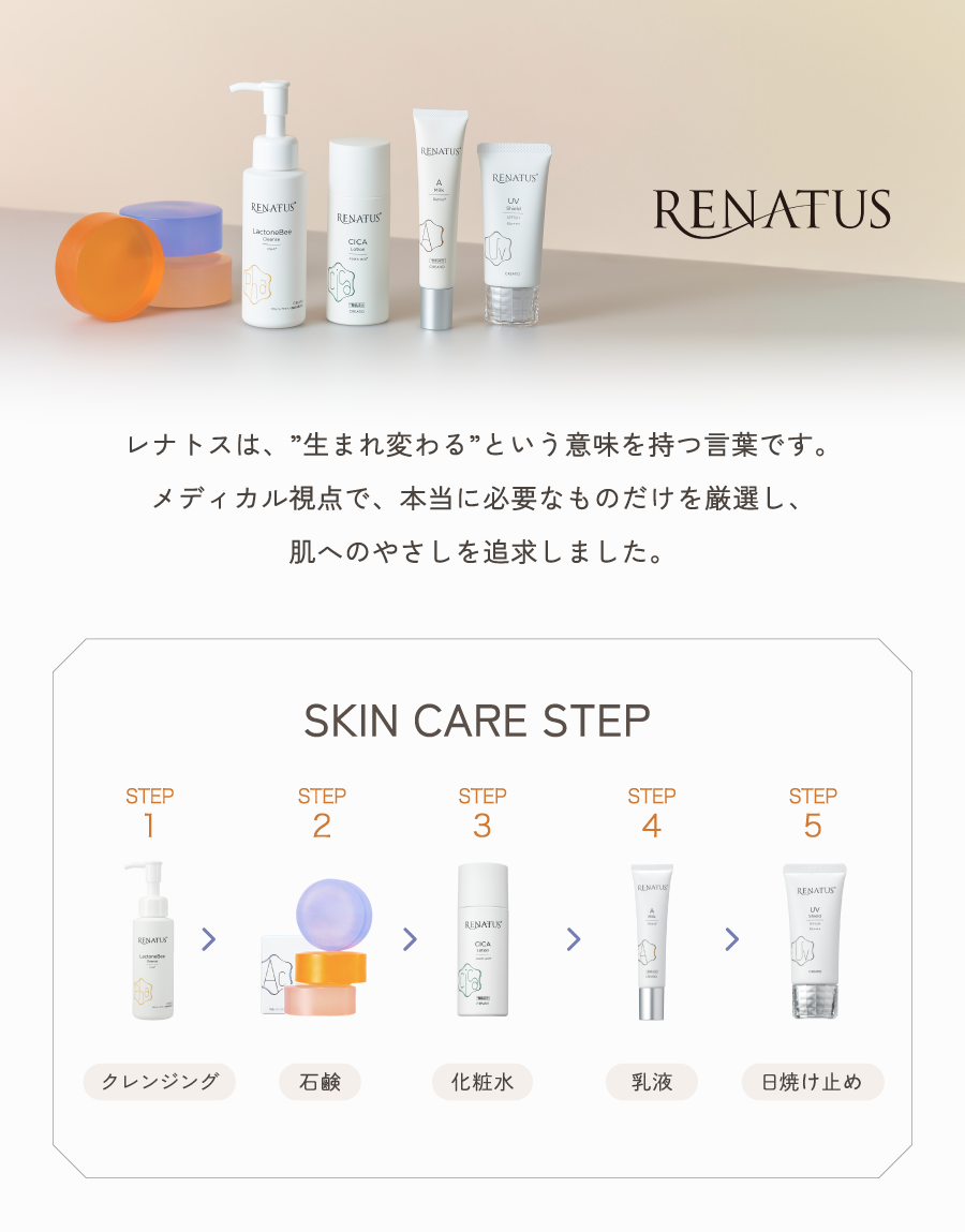 美容医療の考えに基づいた、肌に優しいスキンケアブランド。レナトスは、”生まれ変わる”をコンセプトに誕生したドクターズコスメです。医師監修のもと、本当に必要な成分だけにこだわり、肌へのやさしさを追求しました。日々のスキンケアで肌本来の力を呼び覚まし、ハリ・弾力のある美しい素肌へ導きます。
