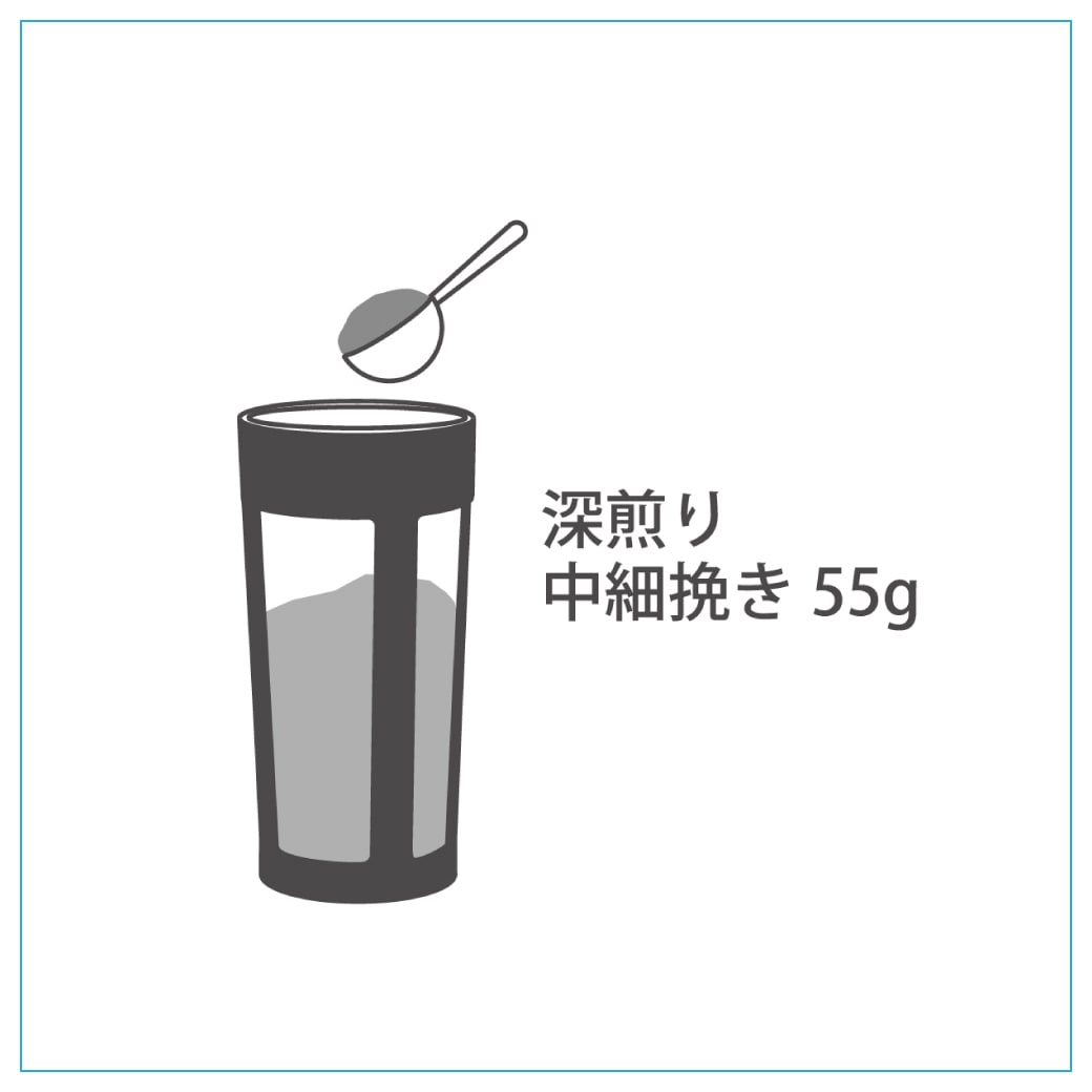 ストレーナーにアイスコーヒー用（深煎り）の粉を55g入れます