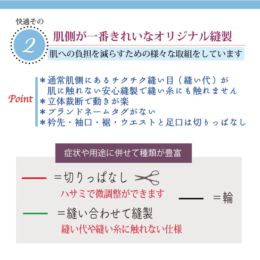 肌側が一番綺麗なオリジナル縫製は、肌への負担を減らす様々な取り組みをしています。通常肌側にあるチクチク縫い目（縫い代）が肌に触れない安心縫製で縫い糸にも触れません。立体裁断で動きが楽です。ブランドネームタグがありません。えり先・袖口・裾・ウエストと足口は切りっぱなしです　ネックデコルテサポートのイメージ：図の赤は切りっぱなし部分・緑は縫製のつなぎ目　ハサミで切って微調整ができます　縫い代や縫い糸に触れない仕様です　症状や用途に併せて種類が豊富