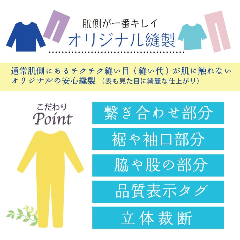 肌側が一番きれいなオリジナル縫製：通常肌側にあるチクチク縫い目（縫い代）が肌に触れないオリジナルの安心縫製で、表も見た目に綺麗な仕上がり