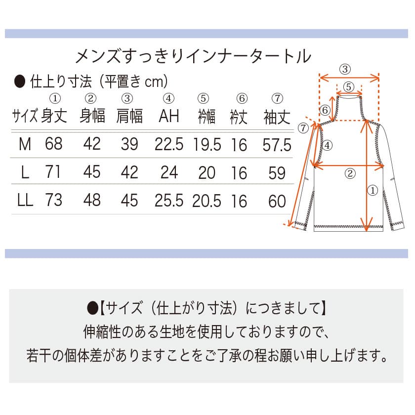 綿100%メンズすっきりインナータートル　サイズ表