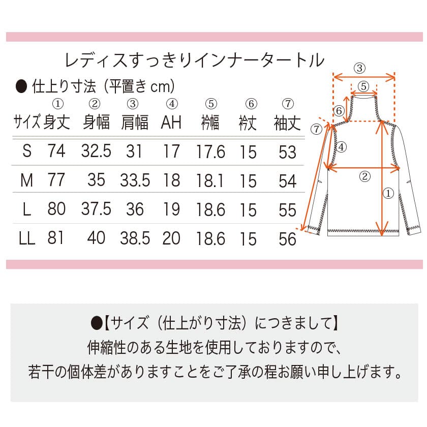 綿100%レディスすっきりインナータートル　サイズ表