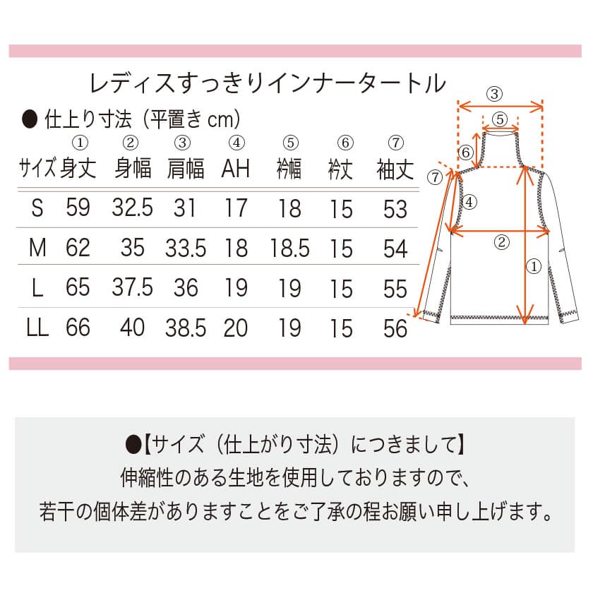 綿100%レディスすっきりインナータートル　サイズ表
