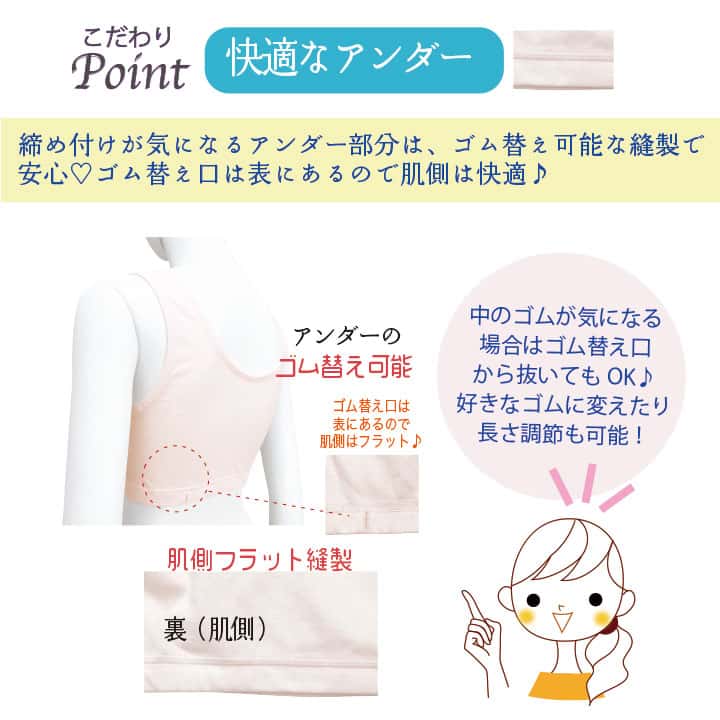 【快適なアンダー】 締め付けが気になるアンダー部分は、ゴム替え可能な縫製で安心！ゴム替え口は表にあるので肌側は快適♪中のゴムが気になる場合はゴム替え口から抜いてもOK♪好きなゴムに変えたり長さ調節も可能！