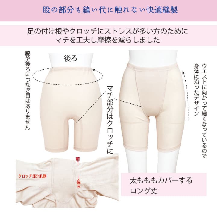 股の部分も縫い代に触れない快適縫製。足の付け根やクロッチにストレスが多い方のためにマチを工夫し摩擦を減らしました。太もももカバーする
ロング丈
