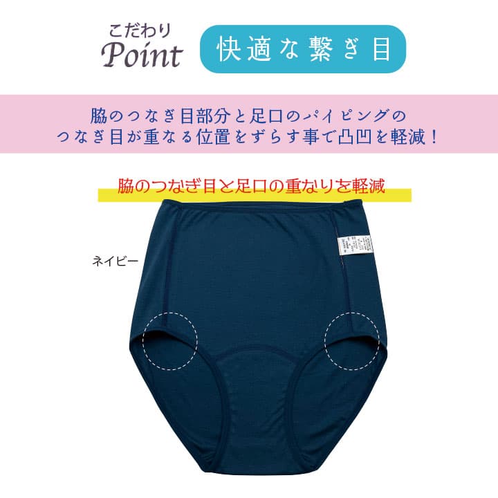 こだわりポイント 【快適な繋ぎ目】脇のつなぎ目部分と足口のパイピングの
つなぎ目が重なる位置をずらす事で凸凹を軽減！