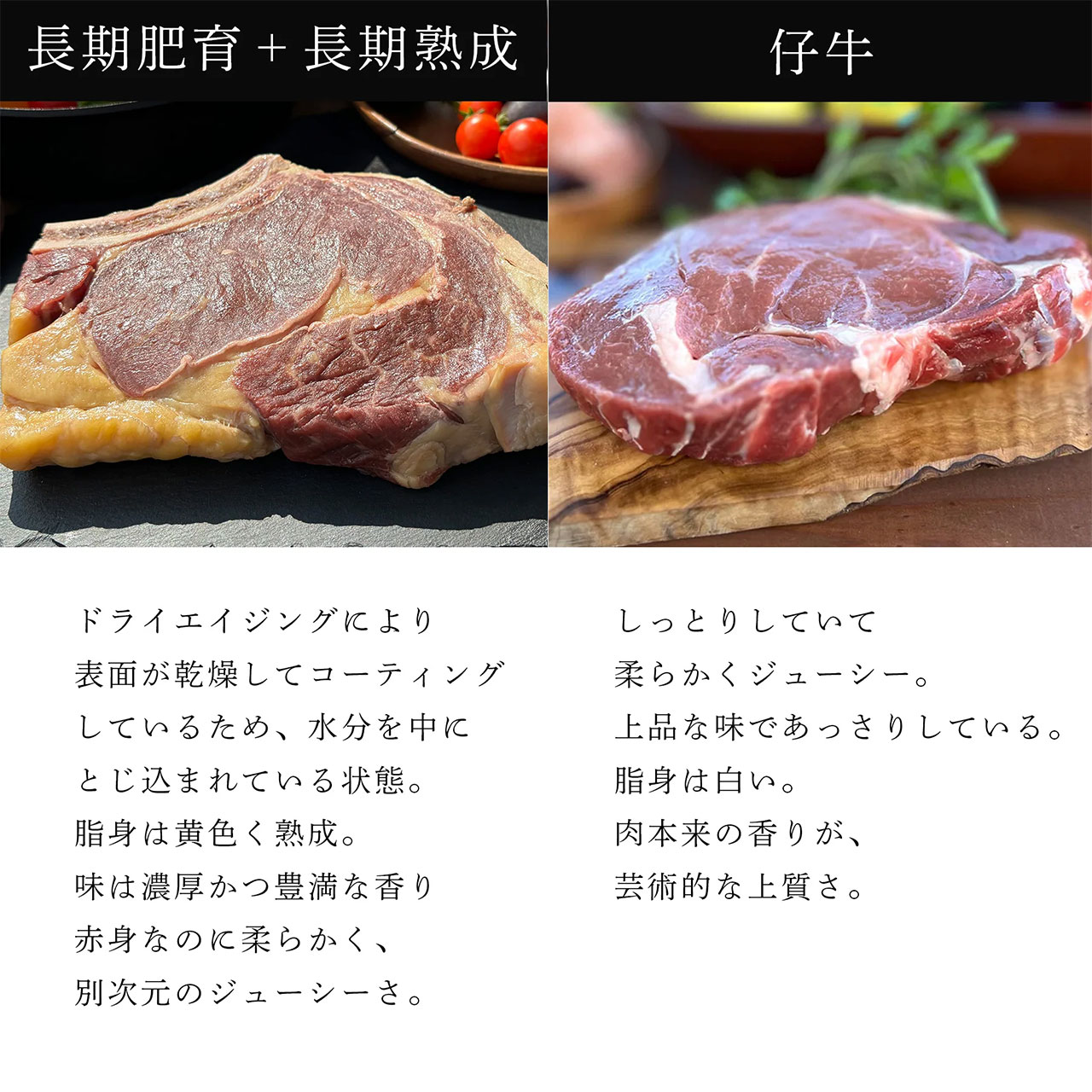長期肥育+長期熟成：ドライエイジングにより表面が乾燥してコーティングしているため、水分を中にとじ込ませている状態。脂身は黄色く熟成。味は濃厚かつ豊満な香り。赤身なのに柔らかく、別次元のジューシーさ。　仔牛：しっとりしていて、柔らかくジューシー。上品な味であっさりしている。脂身は白い。肉本来の香りが、芸術的な上質さ。