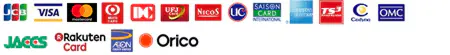 各カードブランドのロゴ画像（JCB、VISA、Mastercard、MUFG、DC、UFJ、NICOS、UC、セゾン、アメックス、TSキュービック、セディナ、OMC、ジャックス、楽天、イオン、オリコ）