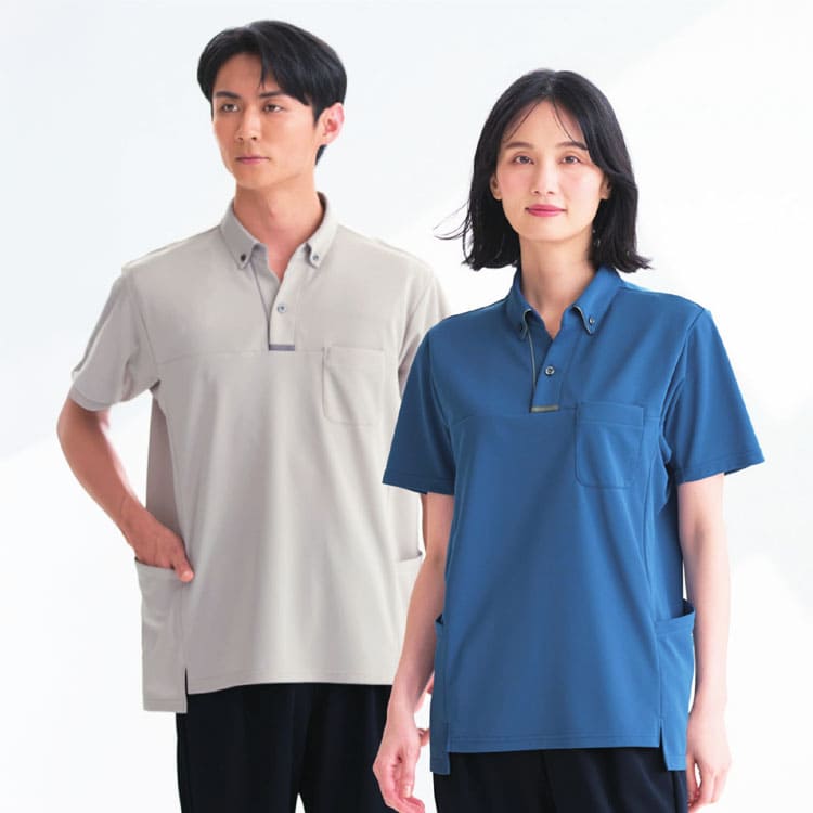 介護制服 半袖ポロシャツ AIK308｜汗染み防止機能を搭載。吸汗速乾性に優れたデュアルファイン素材で清潔感をキープ。スキッパー衿がおしゃれ 介護士ユニフォーム