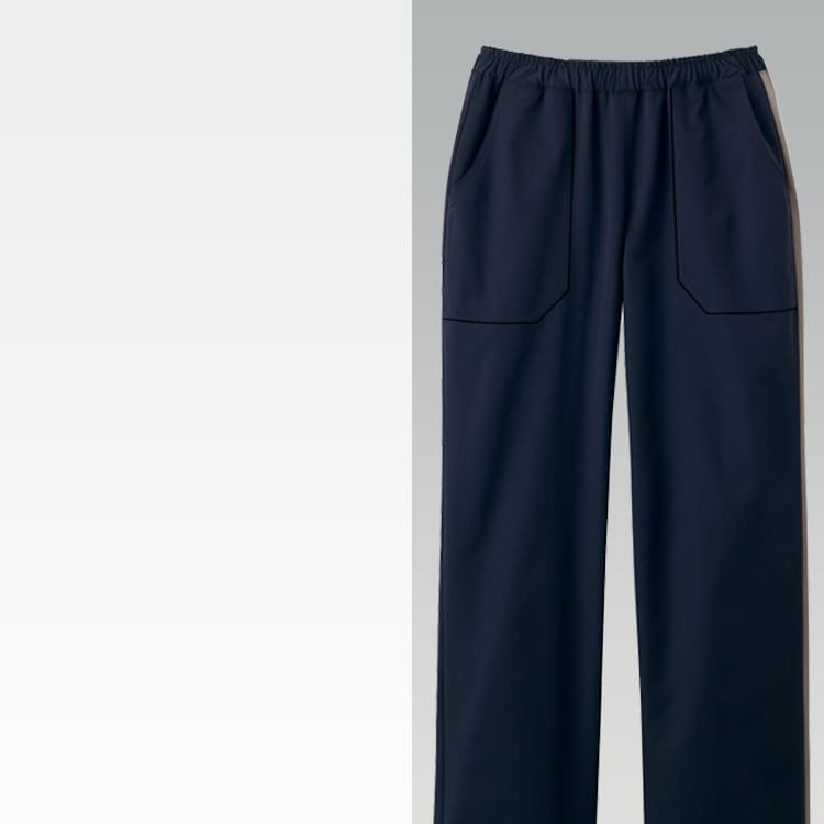 医療白衣パンツ 5037SC 特徴。総ゴム仕様で締め付けがなく、全方向ストレッチでしゃがむ動作もスムーズ。サイドライン入りでスポーティーな最新ディッキーズスクラブパンツ