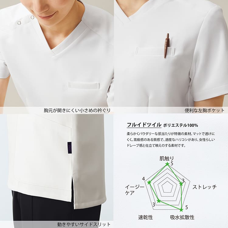 医療白衣スクラブ 7117SC 素材詳細。ナースウェア 高品質なフルイドツイル素材を採用。左胸箱ポケットや両腰ポケットなど収納力も抜群なプロ仕様。2026年おすすめ 最新メディカルウェア