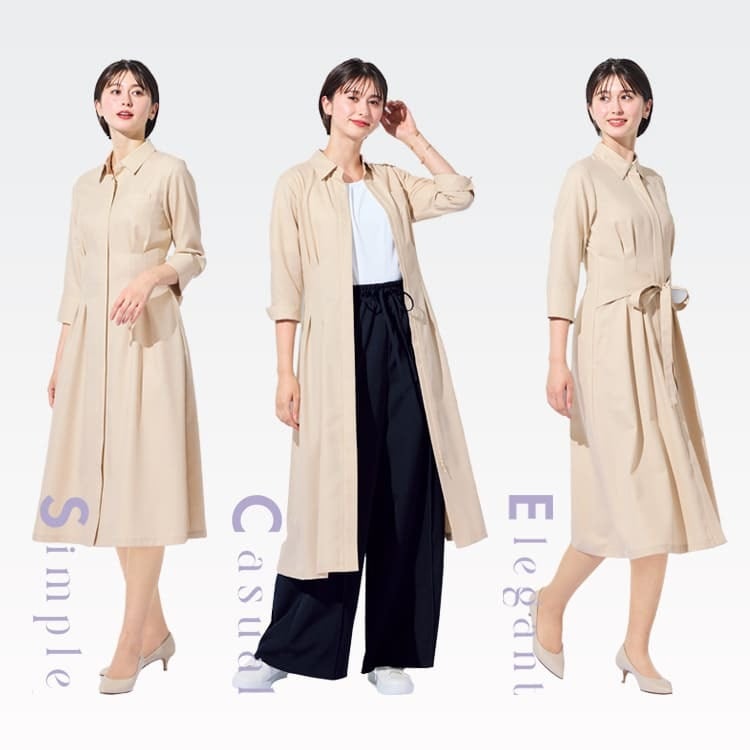 抗菌防臭加工で暑い季節も安心。羽織としても使える3Way仕様で、働く女性のリアルな声から生まれたAudireのワンピース。