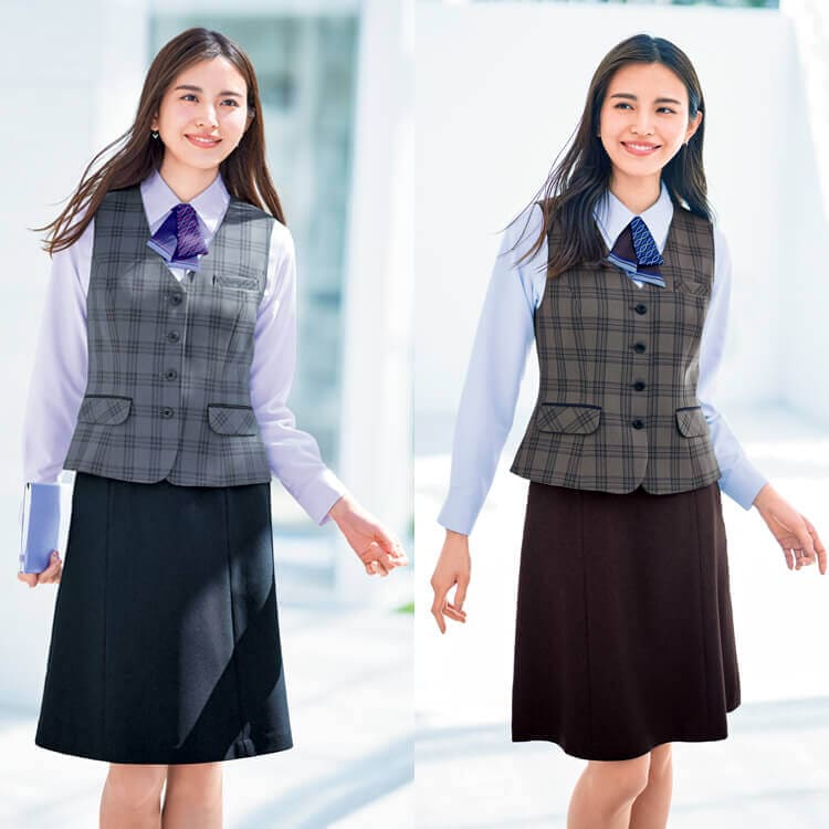 事務服ベスト・オフィス制服・受付ユニフォーム・チェック柄・上品デザイン・ジャケットやスカートと組み合わせ可能