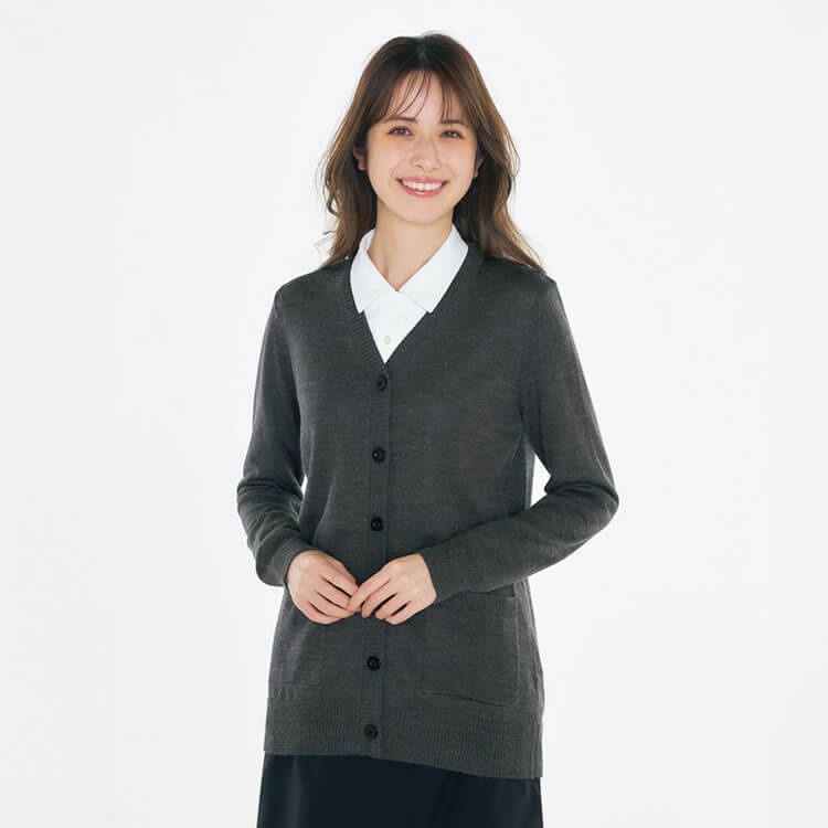 事務服カーディガン・ロング丈・腰まで隠れる・防寒・オフィス制服