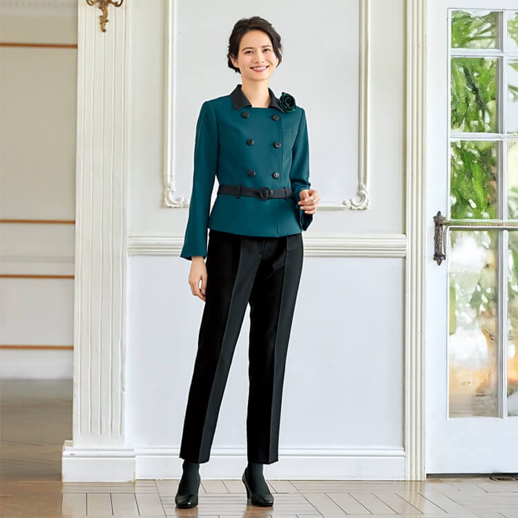 企業受付制服ジャケット・ウール調・オフィス制服・ストレッチ素材・ショールーム制服・ダブルジャケット
