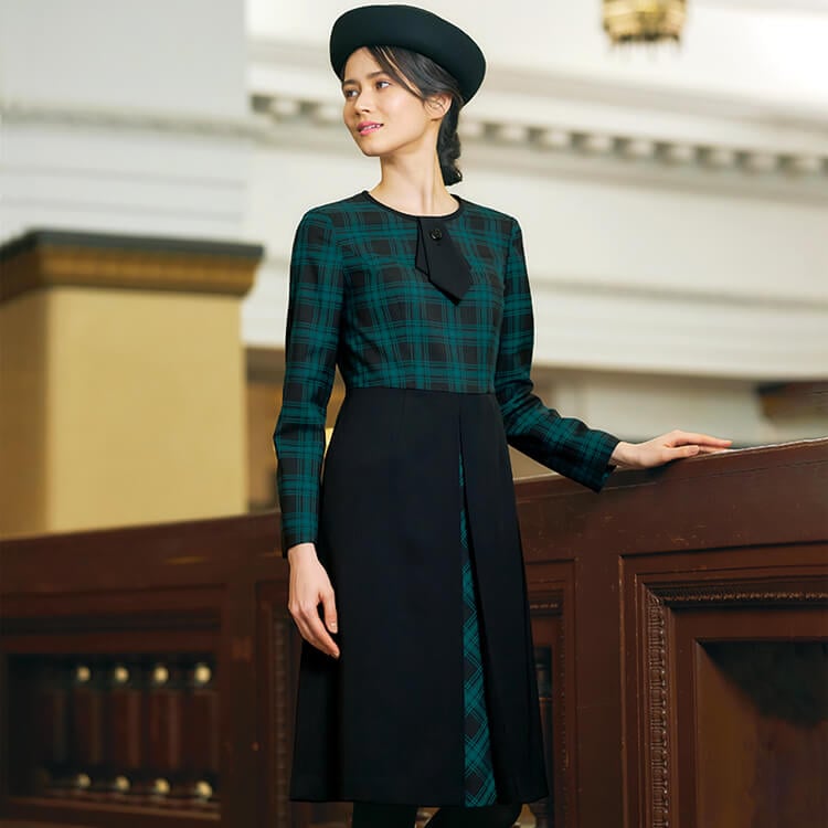 オフィス制服ワンピース タータンチェック柄