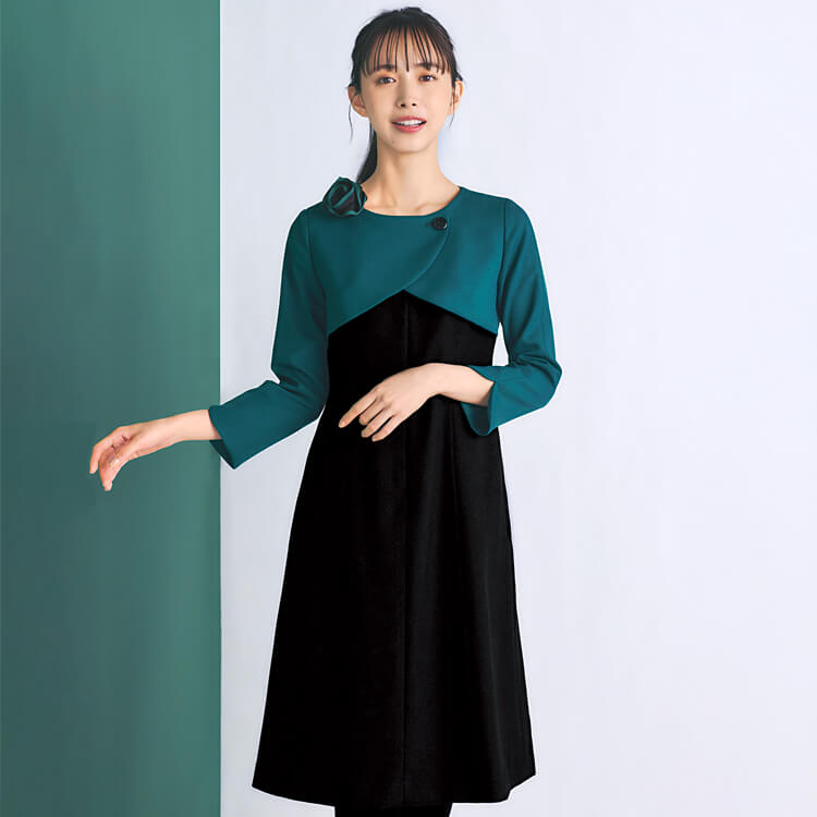 接客業向け制服・ワンピース・事務服・グリーン・レッド・上品・かわいい・オフィスユニフォーム・イーユニフォーム