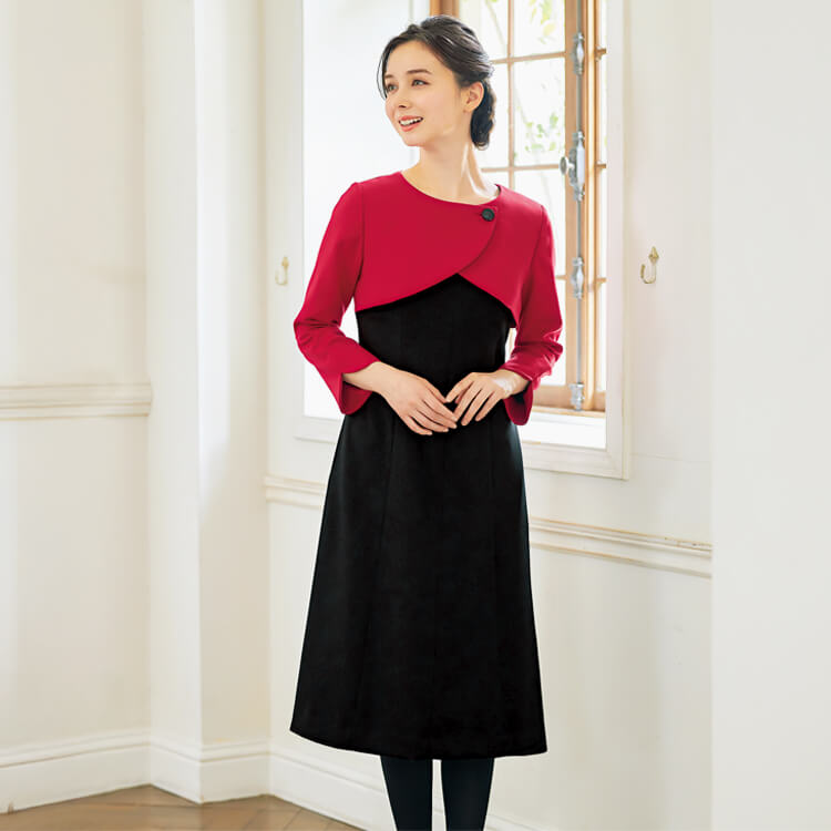 チクマ M57082・ワンピース制服・カラー・レッド・グリーン・企業受付ユニフォーム