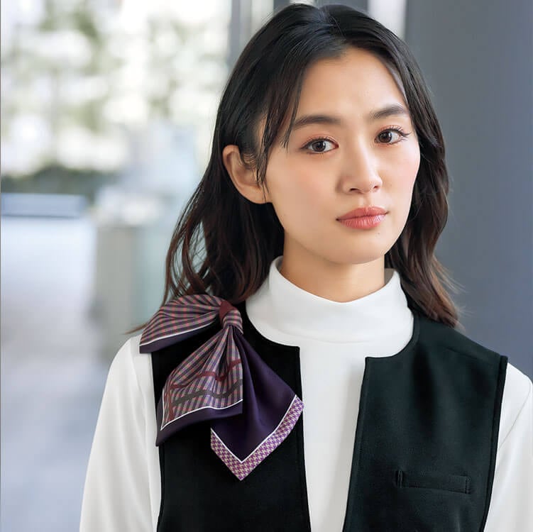 NF101・チェック柄・リボンブローチ・事務服アクセサリー・企業受付制服・華やか・上品